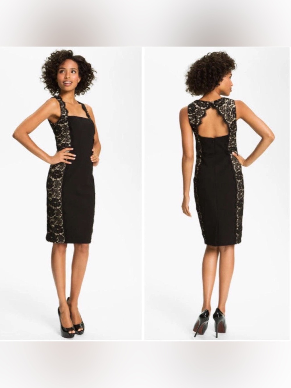 Aidan Mattox Women's Lace Panel Black Nude Sheath Dress 4 Colorblock Cocktail